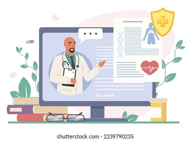 Online doctor on pc computer screen vector illustration. Healthcare virtual service for patient medical consultation from home. Practitioner giving advice for treatment remotely