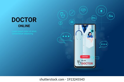 Online doctor on smartphone app with Doctor and patient on screen. Online medical clinic, tele medicine, Online healthcare and medical consultation, Digital health concept. Vector