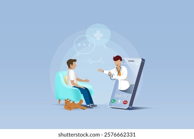 Online doctor on smartphone diagnosis and give consultation to patient at home. Telemedicine, virtual doctor, medical and health care service innovation technology for patient. Vector.