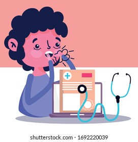 online doctor, patient medical report laptop stethoscope vector illustration covid 19