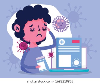 online doctor, patient running nose, medicine and laptop medical help vector illustration covid 19