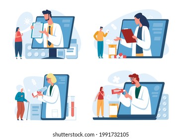 Online Doctor. Patients Consulting With Doctors Via Smartphone. Virtual Medical Appointment, Online Pharmacy, Telemedicine Vector Concept. Prescribing Pills Via Tablet, Laptop Application