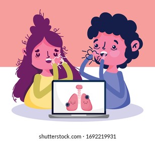 online doctor, patients with fever cough and laptop pneumonia illness vector illustration covid 19