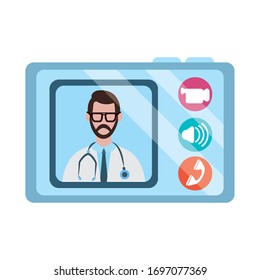 médico en línea, médico tableta consulta informática diagnóstico médico covid 19 ilustración vectorial, icono de estilo plano