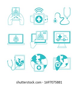 online doctor, physician technology consultant medical protection covid 19 icons set vector illustration, line style icon