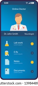 Online Doctor Profile Smartphone Interface Vector Template. Mobile App Page Blue Design Layout. Virtual Appointment, Consultation, Meds Prescription Screen. Flat UI For Application. Phone Display