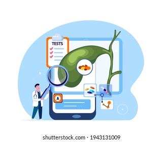 Online Doctor Researcher Curing Gall Bladder System.Analyze Gallstones Biliary System.Diagnostics Mobile App.Clinic Smartphone Medical Hospital.Cholecystitis Cholecystis Treatment. Vector Illustration