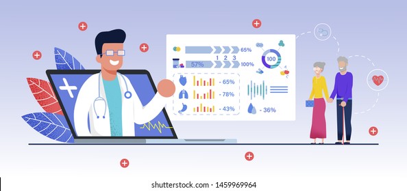 Online Doctor Seniors, Social Media Template, App. Online Consultation. Man and Woman Retirement Age. Medical Service, Control Health Indicators, Support, Assistance. Internet, Mobile Application.