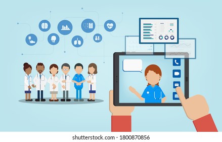 Online doctor service with doctors on digital tablet,  flat design vector illustration