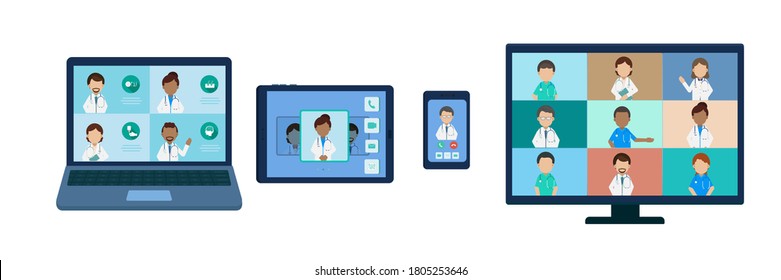 Online doctor service with doctors on various digital devices flat design vector illustration