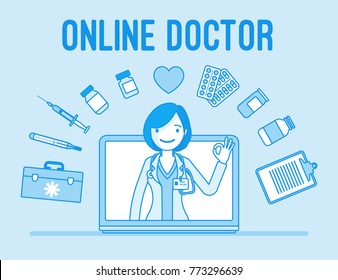 Online doctor service. Female physician and practitioner practice, video visit via Internet, giving prescriptions, consulting. Medicine and healthcare concept. Vector line art illustration