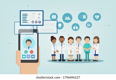 Online doctor service with doctor and medical icons flat design vector illustration