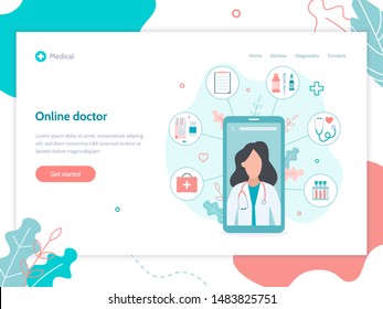 Online doctor service. Web page design template. Flat vector illustration.