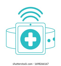 doctor en línea, asesor de relojes inteligentes conectado protección médica covid 19 ilustración vectorial, icono de estilo de línea