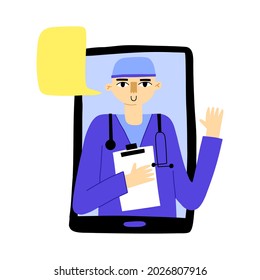 Online doctor. Smartphone with male doctor on screen, medical consultation, internet hospital support, healthcare web service. Vector hand drawn cartoon isolated illustration