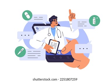 Online doctor speaking during virtual remote consultation via mobile phone. Internet medical advice, health help, ehealth app concept. Flat graphic vector illustration isolated on white background