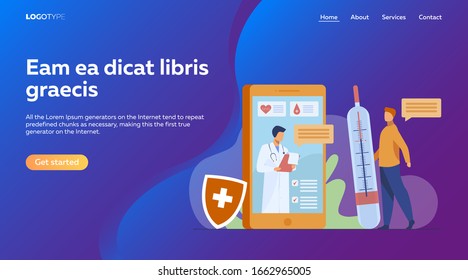Online doctor support via smartphone vector illustration. Mobile medicine assistance chat with physician or nurse. Medical treatment, healthcare, and pharmaceutics concept for website design