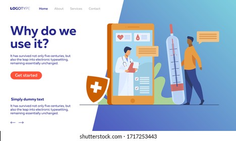 Online doctor support via smartphone vector illustration. Mobile medicine assistance chat with physician or nurse. Medical treatment, healthcare, and pharmaceutics concept for website design