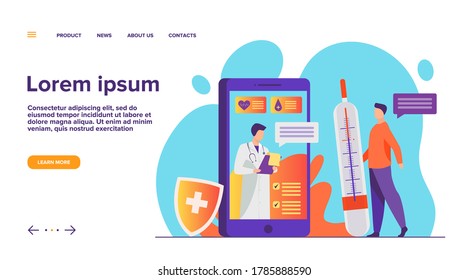 Online doctor support via smartphone vector illustration. Mobile medicine assistance chat with physician or nurse. Medical treatment, healthcare, and pharmaceutics concept for website design