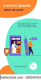 Online doctor support via smartphone vector illustration. Mobile medicine assistance chat with physician or nurse. Medical treatment, healthcare, and pharmaceutics concept for website design