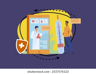 Online doctor support via smartphone vector illustration. Mobile medicine assistance chat with physician or nurse. Medical treatment, healthcare, and pharmaceutics concept for website design