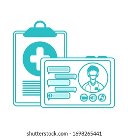médico en línea, consultor de Tablet PC de protección de informes médicos covid 19 ilustración vectorial, icono de estilo de línea
