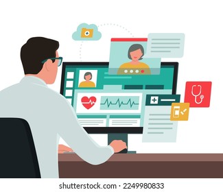 Online doctor talking with a patient on a video call, he is giving a consultation and prescription medicine, telemedicine concept