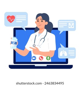 Online doctor talking with a patient on a video call through computer. Telemedicine and online healthcare. Medical telehealth concept.