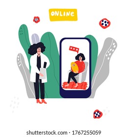 Online doctor talking with young mother with children.  Doctor consultation online app concept. 