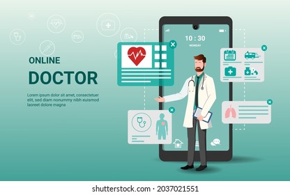 Online doctor and online tele medicine with male therapist on mobile phone.Online healthcare service.Medical consultation and treatment via application of smartphone.Digital health concept.3d vector