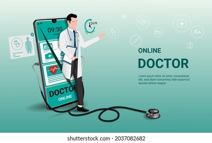 Online doctor and online tele medicine with male therapist on mobile phone. Online healthcare service, Medical consultation and treatment, Ask doctor. Digital health concept. 3D vector