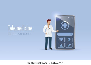 Online doctor, tele medicine, medical health care service. Doctor with medical mobile app on smartphone. Vector illustration.	
