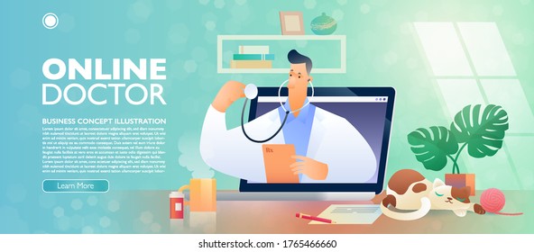 Online Doctor and Telehealth concept banner. Video call with doctor via online technology in your own home. Flat cartoon character of doctor pops out from a laptop computer. Vector illustration.