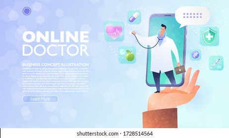 Online Doctor and Telemedicine concept. Patient's hand holding a smartphone video calling a doctor via smartphone apps anytime and anywhere. Medical healthcare landing page. Vector illustration.