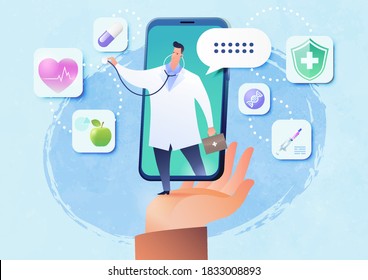 Online Doctor and Telemedicine concept vector illustration. Patient's hand holding smartphone video call doctor via smartphone app