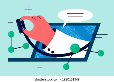 Online doctor, telemedicine, Virtual healthcare concept. Hand of doctor with stethoscope protruding from laptop screen to examine remote patient and make online consultation illustration