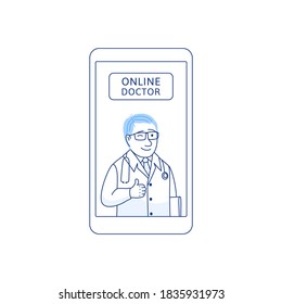 Online doctor. Thin line flat concept. Young doctor with ok hand gesture mobile phone. Telemedicine internet consultation service icon in blue colors for app banner design. Medical vector illustration