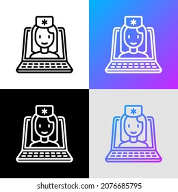 Online doctor thin line icon: doctor on screen of laptop. Modern vector illustration of online medical consultant.