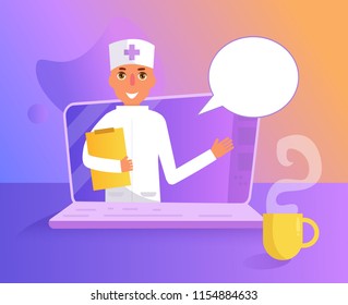 Online doctor Vector. Cartoon. Isolated art  Flat