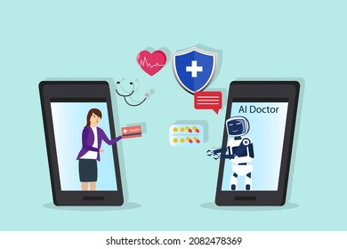 Concepto de vector médico en línea: Mujer joven consultando con un doctor robot en aplicaciones de telefonía móvil mientras da tarjeta de seguro