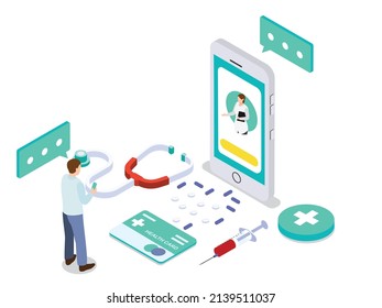 Online doctor vector concept. Young man consulting with female doctor while using a mobile phone application