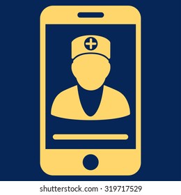 Online Doctor vector icon. Style is flat symbol, yellow color, rounded angles, blue background.