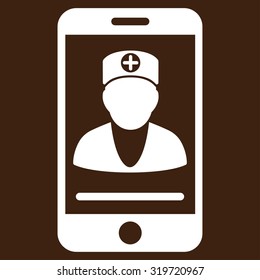 Online Doctor vector icon. Style is flat symbol, white color, rounded angles, brown background.
