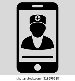 Online Doctor vector icon. Style is flat symbol, black color, rounded angles, light gray background.