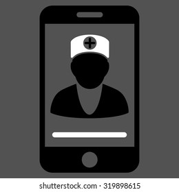 Online Doctor vector icon. Style is bicolor flat symbol, black and white colors, rounded angles, gray background.