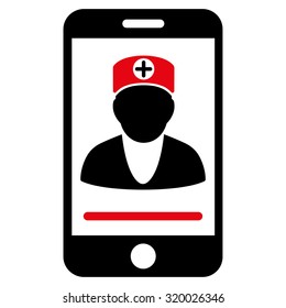 Online Doctor vector icon. Style is bicolor flat symbol, intensive red and black colors, rounded angles, white background.