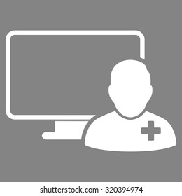 Online Doctor vector icon. Style is flat symbol, white color, rounded angles, gray background.