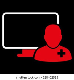 Online Doctor vector icon. Style is bicolor flat symbol, red and white colors, rounded angles, black background.