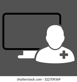 Online Doctor vector icon. Style is bicolor flat symbol, black and white colors, rounded angles, gray background.