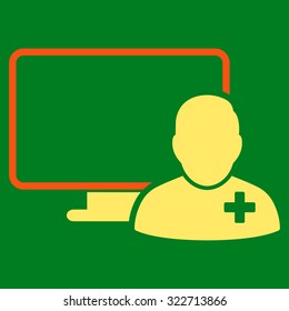 Online Doctor vector icon. Style is bicolor flat symbol, orange and yellow colors, rounded angles, green background.